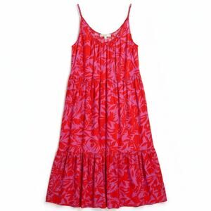 LOFT Tropical Print Maxi Dress Red Pink Sleeveless Flowy Resort Style Size XL